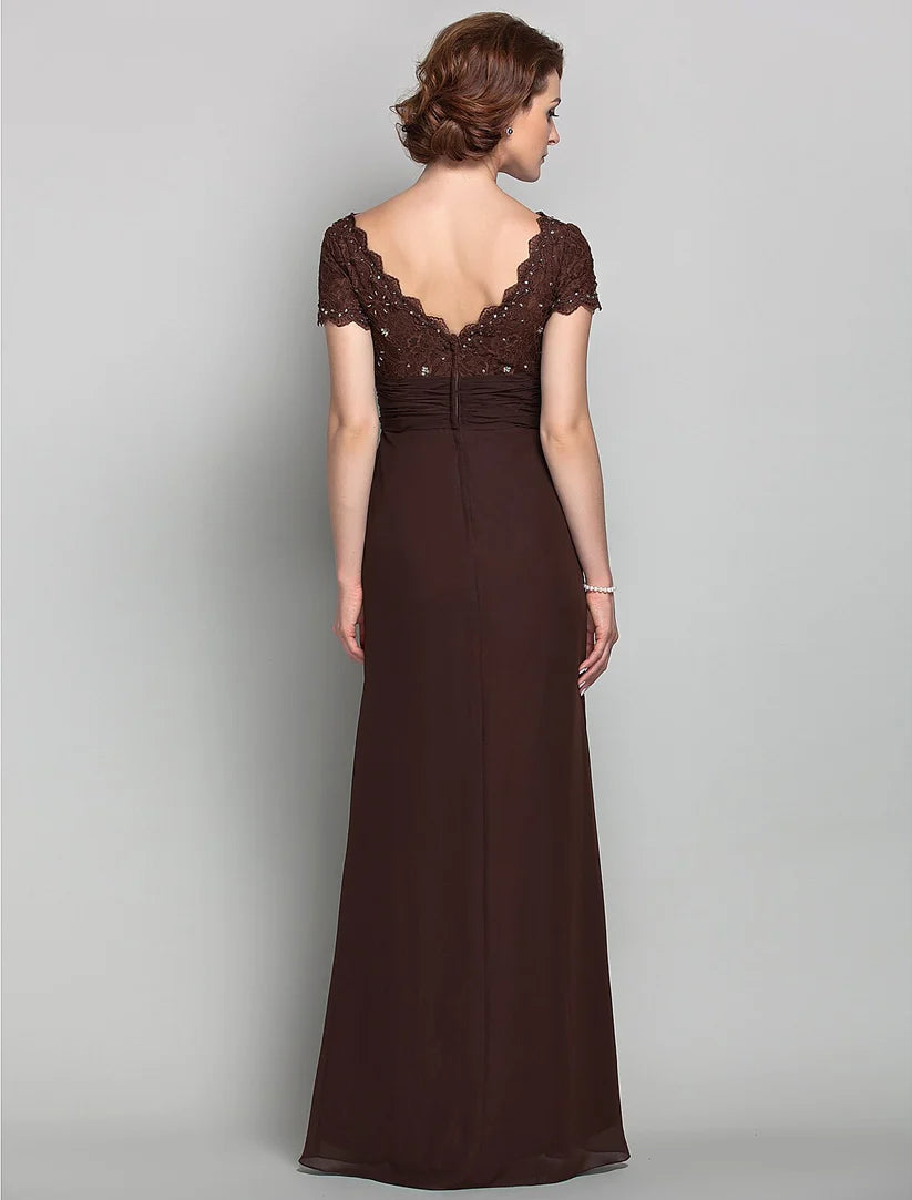 Sheath / Column Mother of the Bride Dress Vintage Inspired Scalloped Neckline V Neck Floor Length Chiffon Lace Short Sleeve with Ruched Sequin Crystal Brooch
