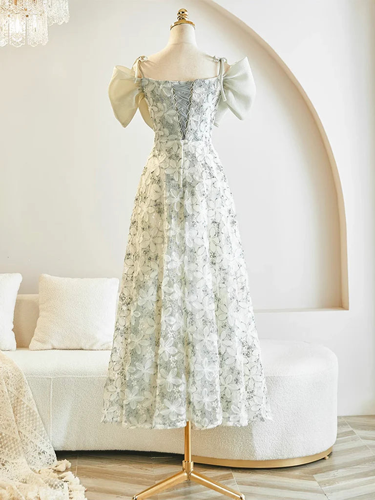 A-Line Lace Tea Length Prom Dress