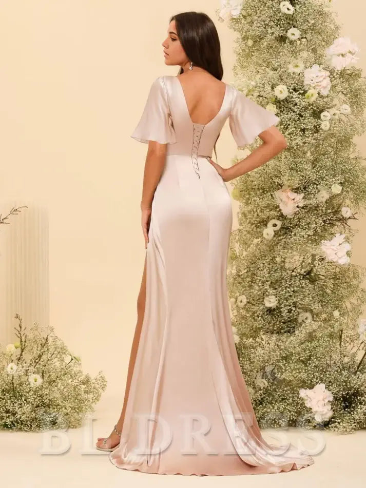 A-line V Neck Sleeves Long Ruched Satin formal dresses evening gown Prom Dress with Slit