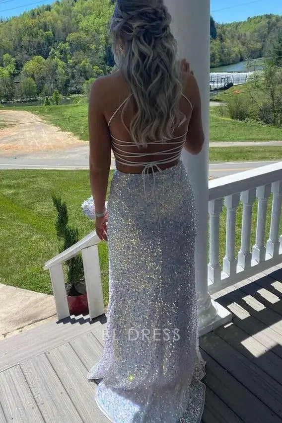 Mermaid Sparkly Spaghetti Straps White Sequin formal dresses Bridesmaid Dresses evening gown Prom Dress