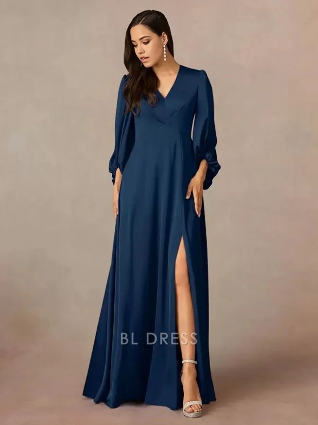 A-Line V-Neck 3/4 Length Sleeves Pleated Floor-Length Wedding Guest Dresses Mother of the Bride Dresse