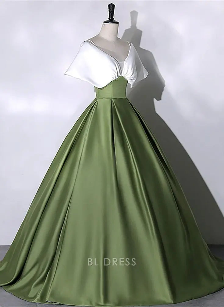A-line Green and White Satin Long formal dresses Bridesmaid Dresses evening gown Prom Dress
