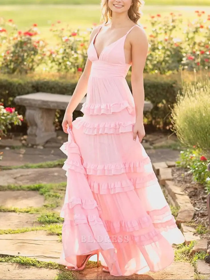 A Line V-Neck Spaghetti Straps Ruffles Pink formal dresses Bridesmaid Dresses evening gown Prom Dress