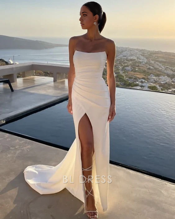 Mermaid Elegant Strapless White formal dresses Bridesmaid Dresses evening gown Prom Dress