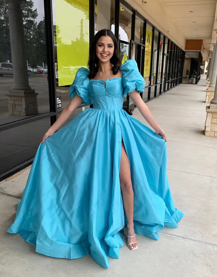 A-Line Puff Sleeves Bow Tie Back Blue Long formal dresses evening gown Prom Dress with Slit