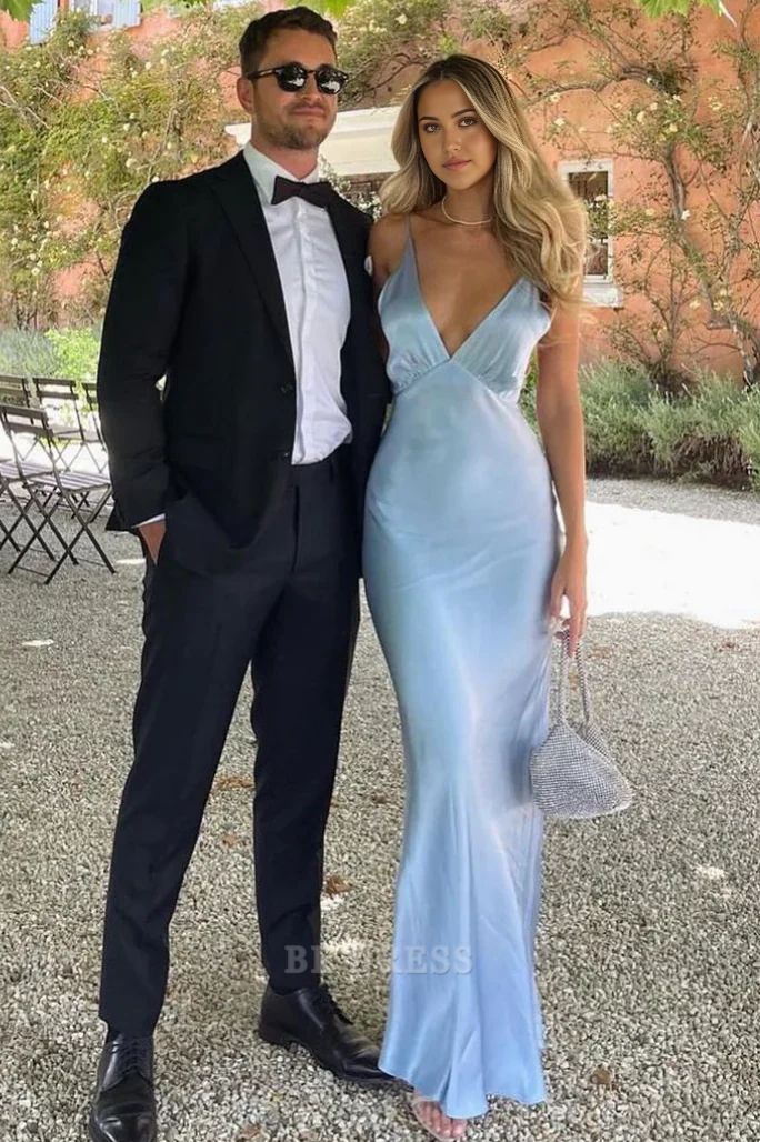 Sheath Deep V-Neck Satin Blue Sleeveless Sheath Long formal dresses Bridesmaid Dresses evening gown Prom Dress