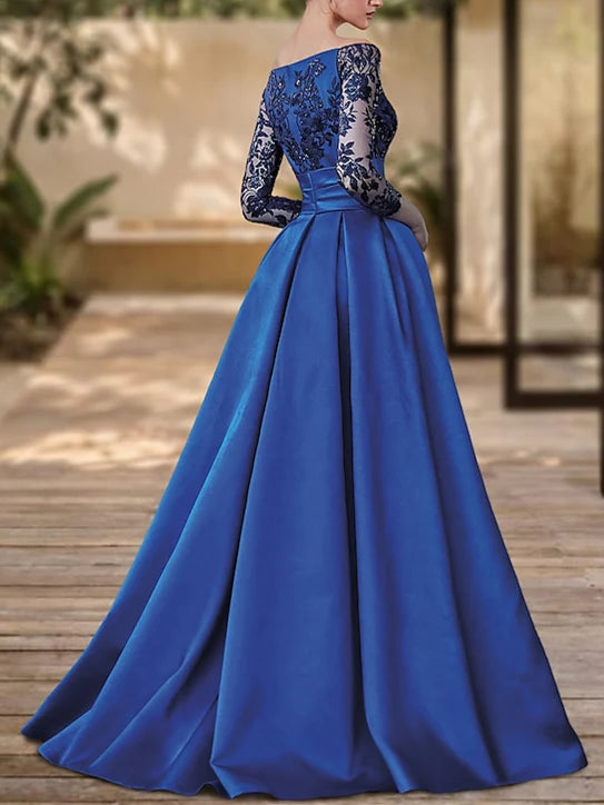 A Line V Neck Long Sleeves Floor Length Evening Dresses