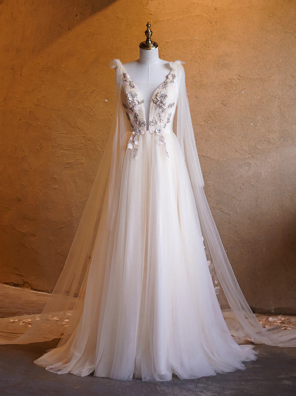 A-line Tulle Deep-V Neck Floor-Length Prom Dresses