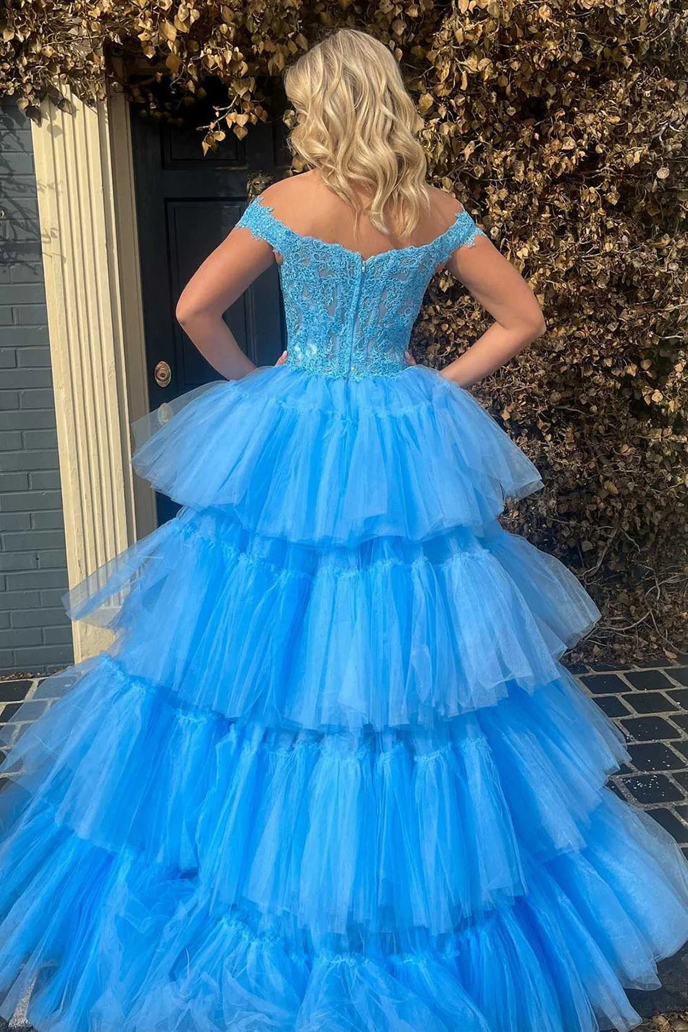 A-line Off the Shoulder High Low Blue Corset Prom Dress with Appliques