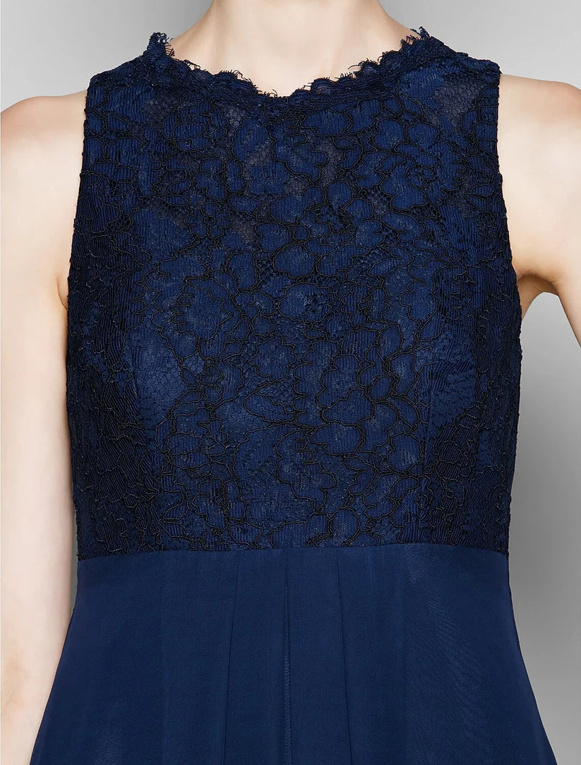 Etui-/Säulen-Brautjungfernkleid mit Schmuckausschnitt, ärmellos, elegant, bodenlang, Chiffon/Spitze mit Spitze