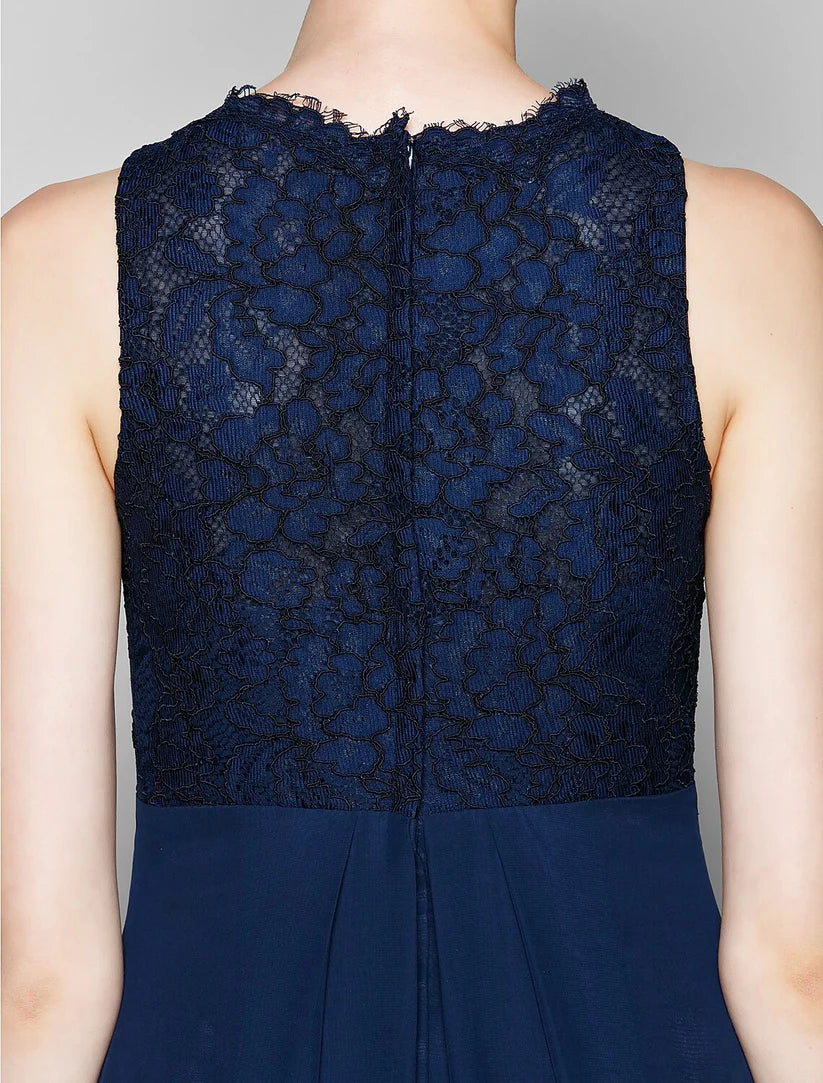 Etui-/Säulen-Brautjungfernkleid mit Schmuckausschnitt, ärmellos, elegant, bodenlang, Chiffon/Spitze mit Spitze