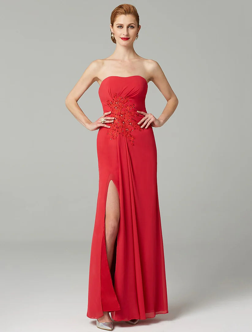 Sheath / Column Mother of the Bride Dress Strapless Floor Length Chiffon Beaded Lace Sleeveless yes with Pleats Beading Split Front