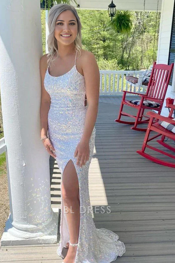 Mermaid Sparkly Spaghetti Straps White Sequin formal dresses Bridesmaid Dresses evening gown Prom Dress