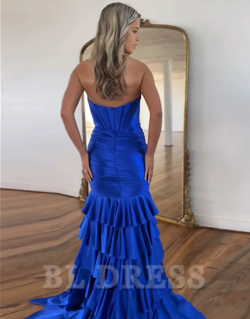 Mermaid Strapless Corset Tiered Satin Royal Blue Long formal dresses evening gown Prom Dress with Slit