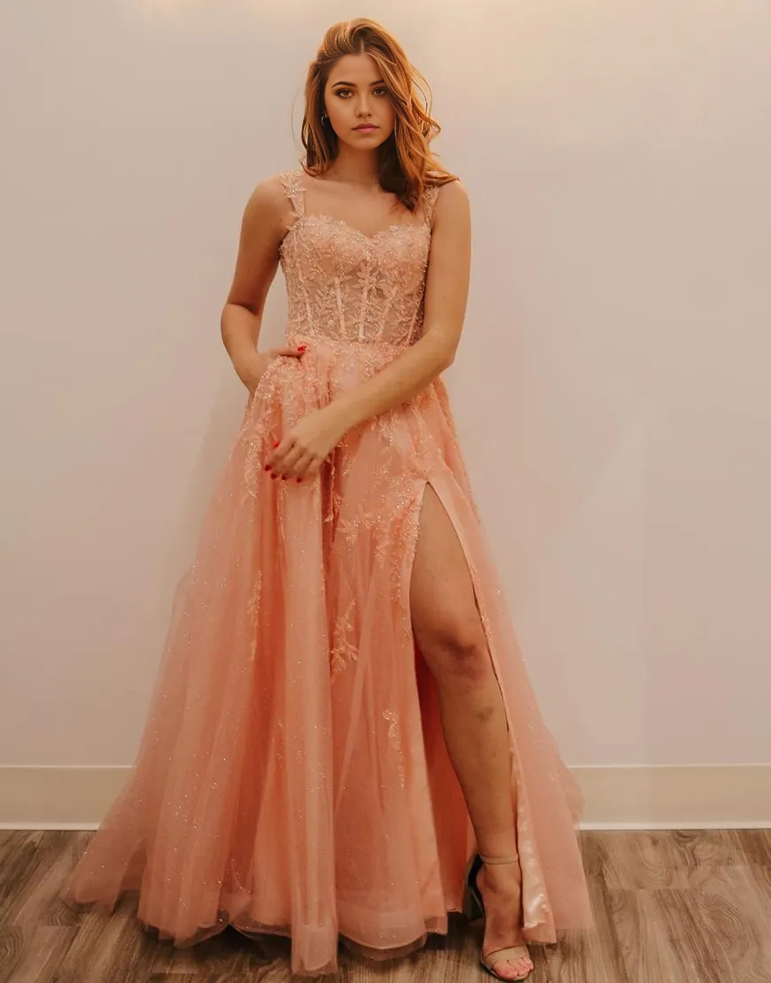 A-Line Spaghetti Straps Appliques formal dresses evening gown Prom Dress With Beading