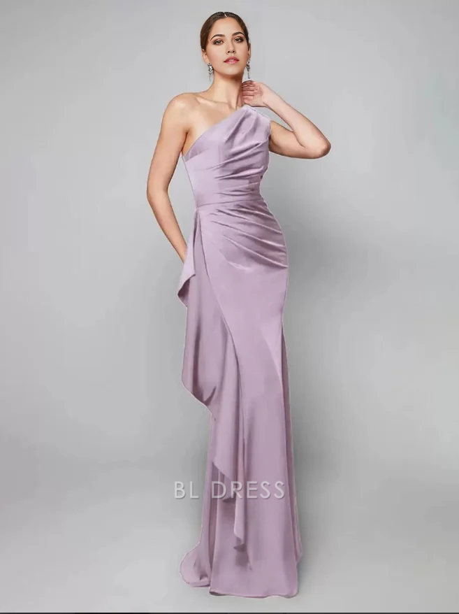 Mermaid Sheath One-Shoulder Pleated Sweep Asymmetrical Guest Dresses Mother of the Bride Dresse