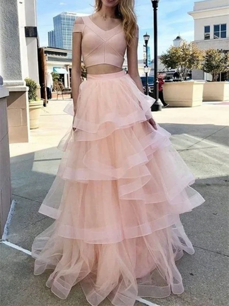 Two pieces Long Tulle Prom Evening Dresses Long Formal Homecoming Dresses