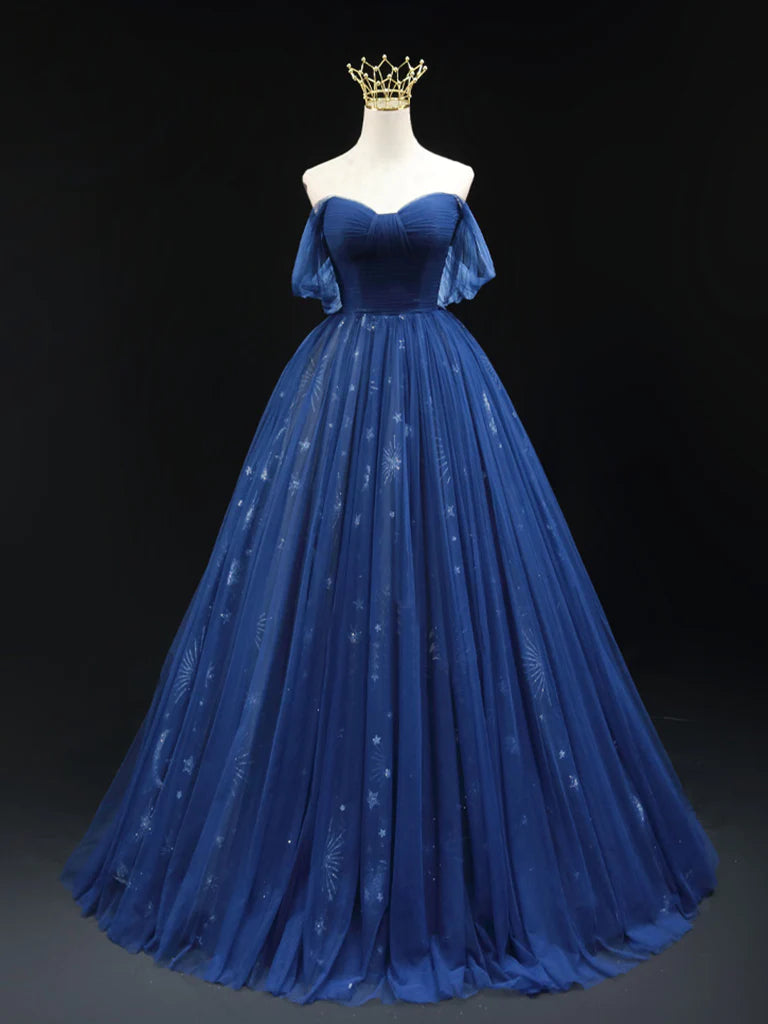A-Line Off Shoulder Tulle Long Prom Dress
