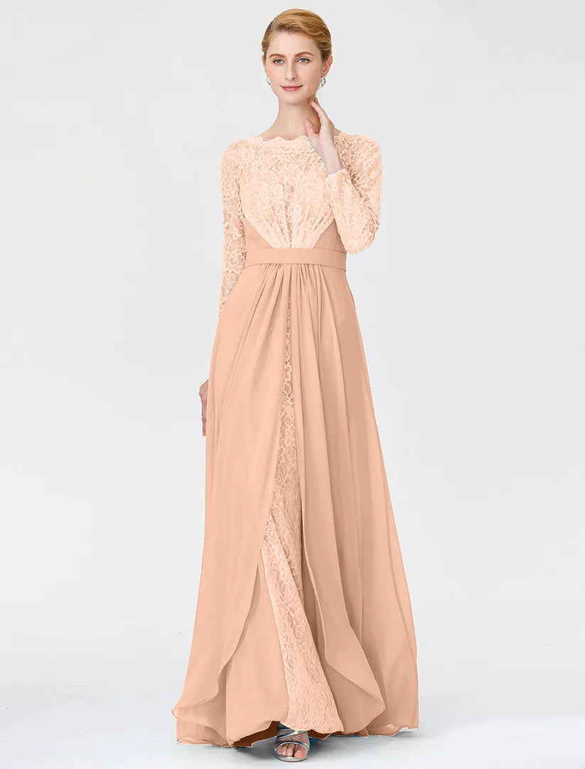 A-Line Ball Gown Scoop Neck Floor Length Chiffon Lace Mother of the Bride Dress with Sash
