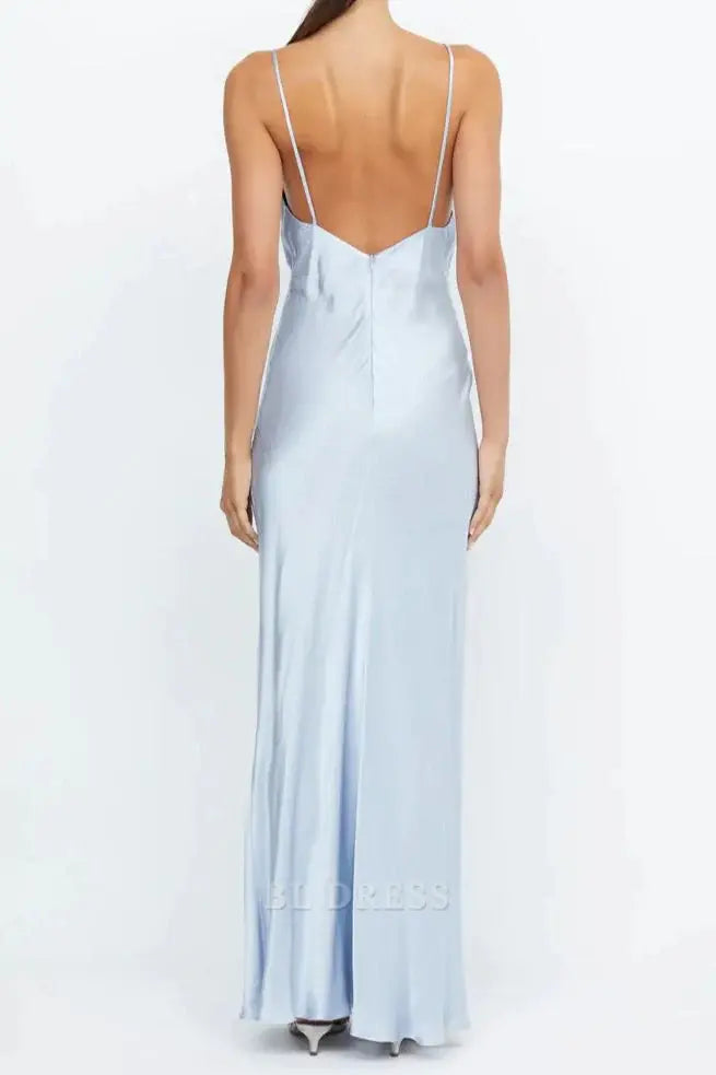 Sheath Deep V-Neck Satin Blue Sleeveless Sheath Long formal dresses Bridesmaid Dresses evening gown Prom Dress