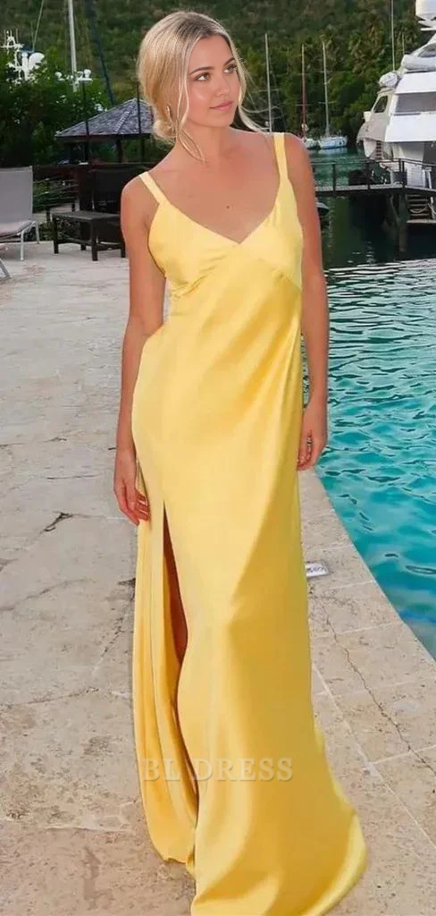 Sheath V-Neck Backless Satin Yellow formal dresses Bridesmaid Dresses evening gown Prom Dress With Split