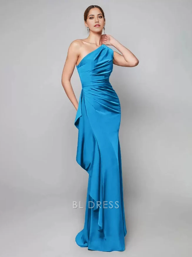 Mermaid Sheath One-Shoulder Pleated Sweep Asymmetrical Guest Dresses Mother of the Bride Dresse