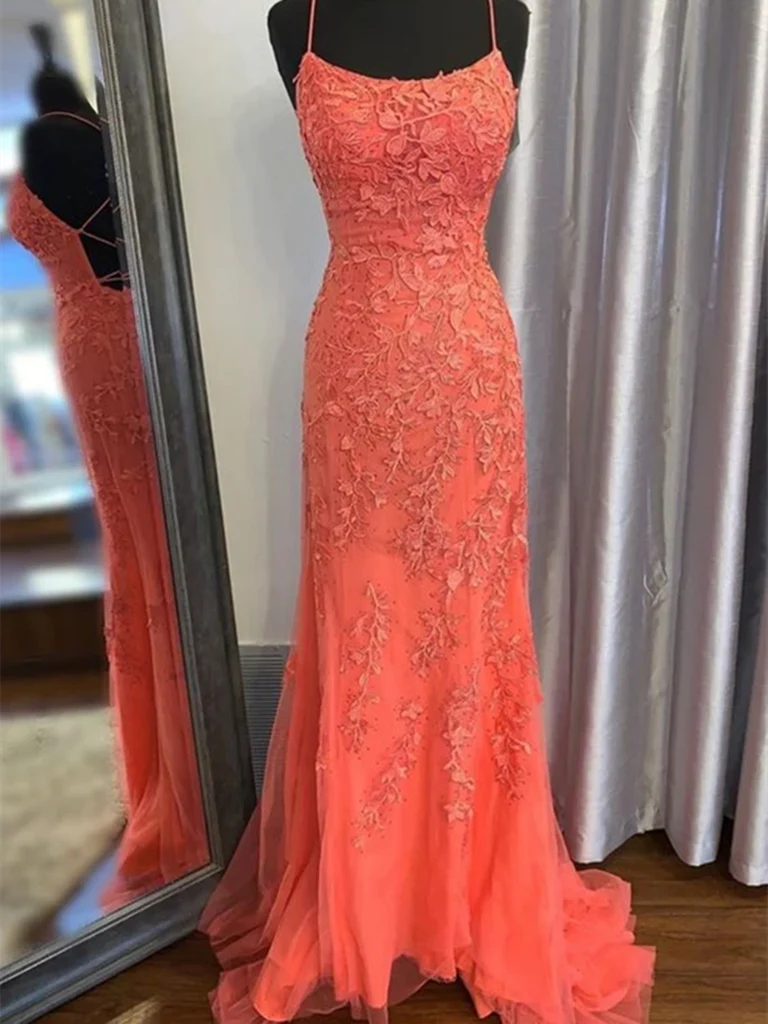 Mermaid Backless Orange Lace Criss Cross Formal Long Prom Dresses
