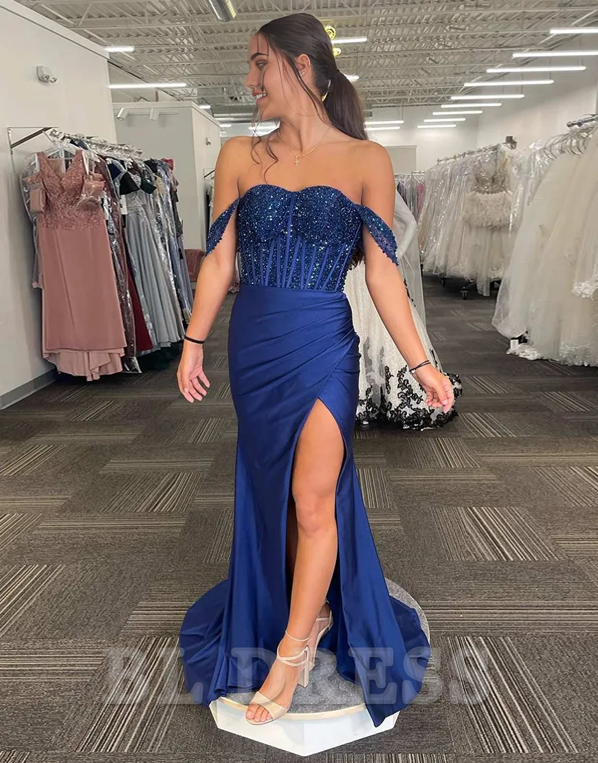 Mermaid Sparkly Off the Shoulder Corset Navy Long formal dresses evening gown Prom Dress with Slit