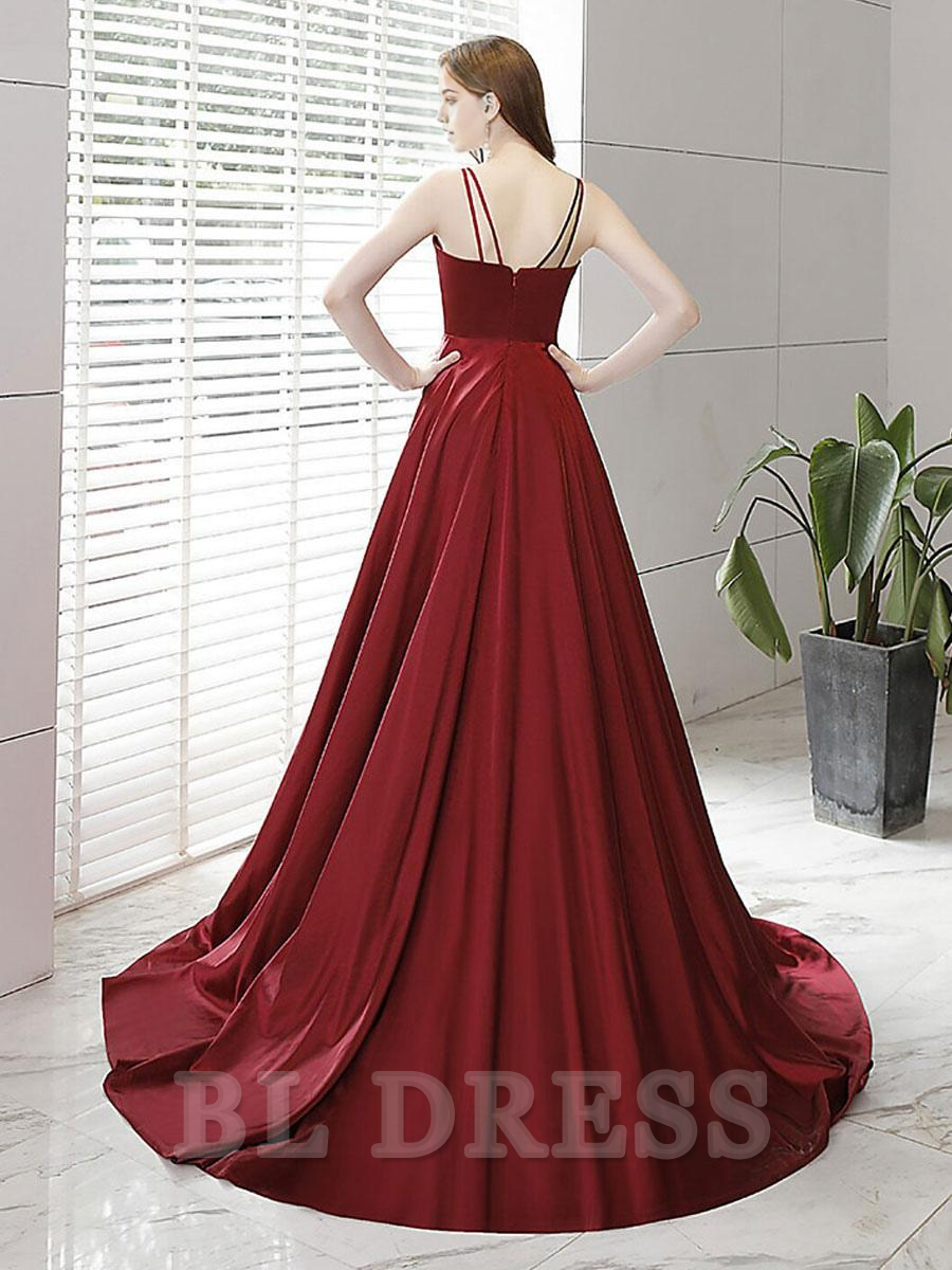 A-Line V-Neck Train Sleeveless Zipper Split Front Satin Social formal dresses Bridesmaid Dresses evening gown Prom Dress