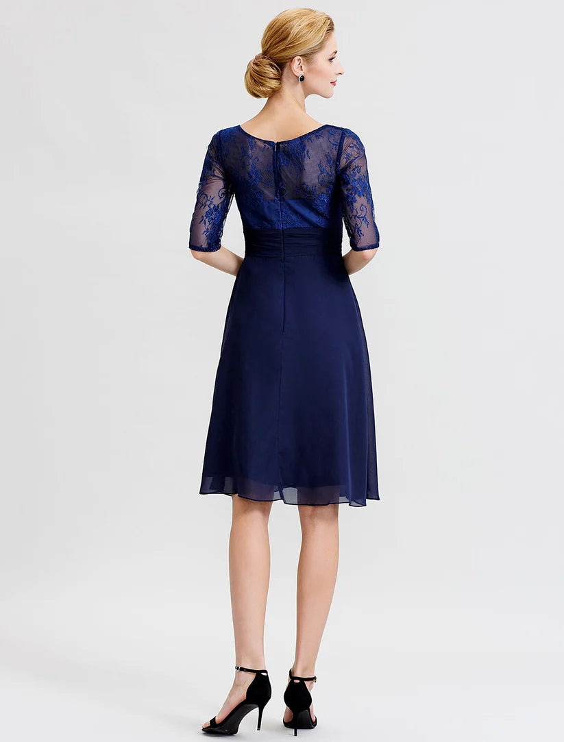 A-Line / Two Piece Jewel Neck Knee Length Chiffon / Corded Lace Mother of the Bride Dress with Sash