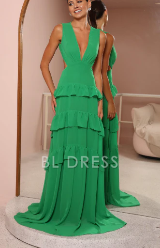 A-line Deep V Neck Backless Layered Ruffles Emerald Green formal dresses Bridesmaid Dresses evening gown Prom Dress