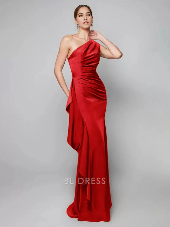 Mermaid Sheath One-Shoulder Pleated Sweep Asymmetrical Guest Dresses Mother of the Bride Dresse