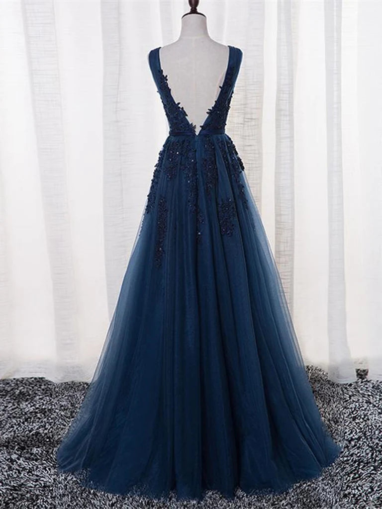 A Line V neck Lace Beaded Long Tulle Prom Dresses Formal Evening Dress