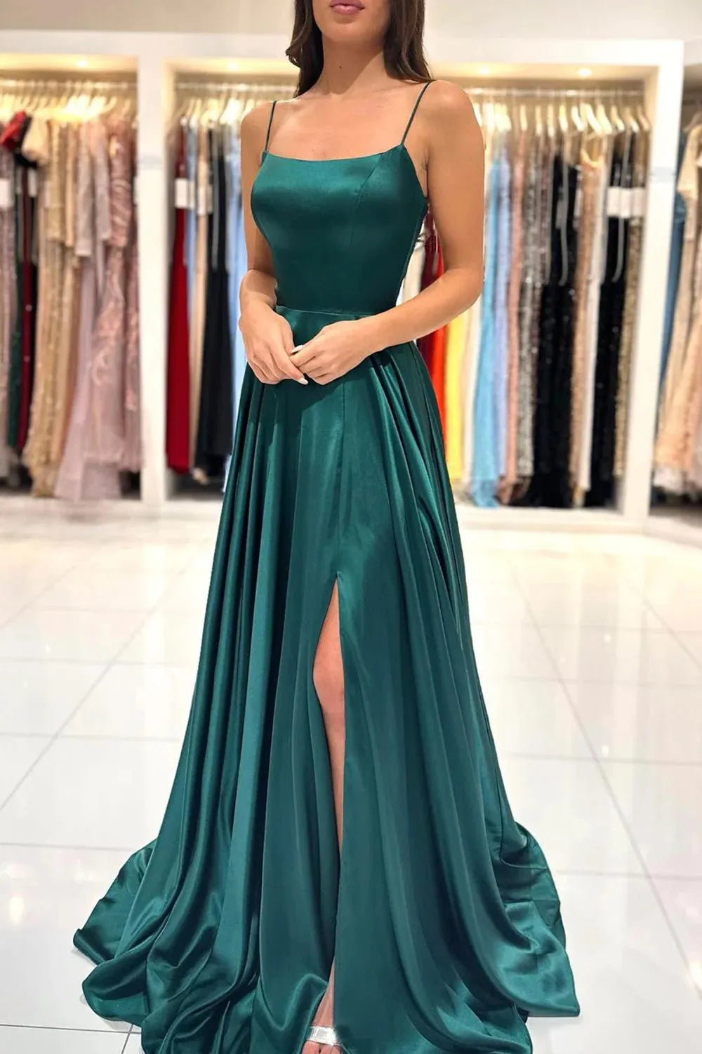 A Line Spaghetti Straps Backless Satin Prom Dress