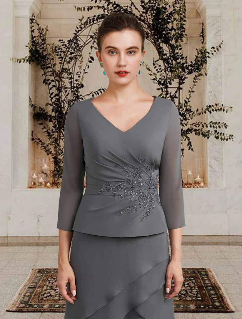 A-Line Mother of the Bride Dress Plus Size Elegant High Low V Neck Asymmetrical Tea Length Chiffon 3/4 Length Sleeve with Appliques Cascading Ruffles Side-Draped
