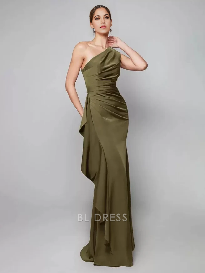 Mermaid Sheath One-Shoulder Pleated Sweep Asymmetrical Guest Dresses Mother of the Bride Dresse