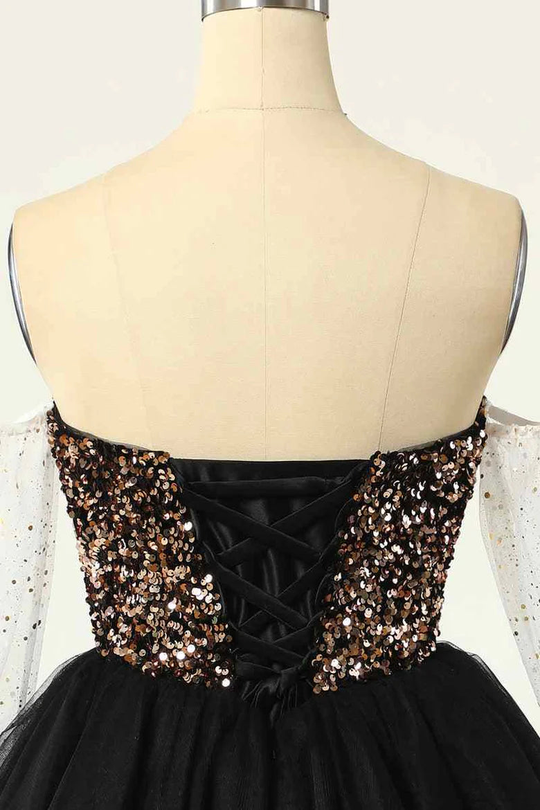 A-Linie, schulterfrei, lange Ärmel, Pailletten, Heimkehrkleid