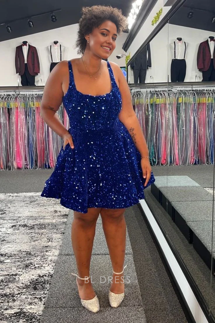 A-Linie Pailletten funkelndes königsblaues kurzes Heimkehrkleid Abendkleider Brautjungfernkleider Abendkleid Ballkleid