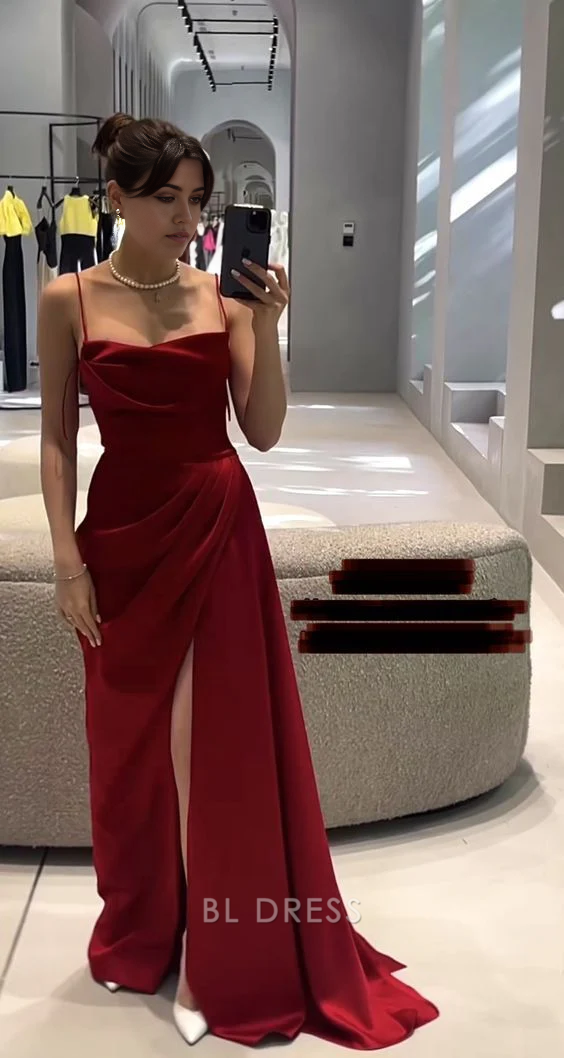 Mermaid Spaghetti Straps Burgundy formal dresses Bridesmaid Dresses evening gown Prom Dress With Slit