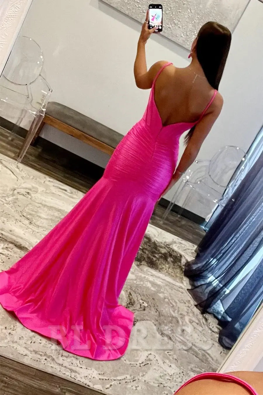 Sheath Scoop Neck Spaghetti Strap Hot Pink Long formal dresses Bridesmaid Dresses evening gown Prom Dress