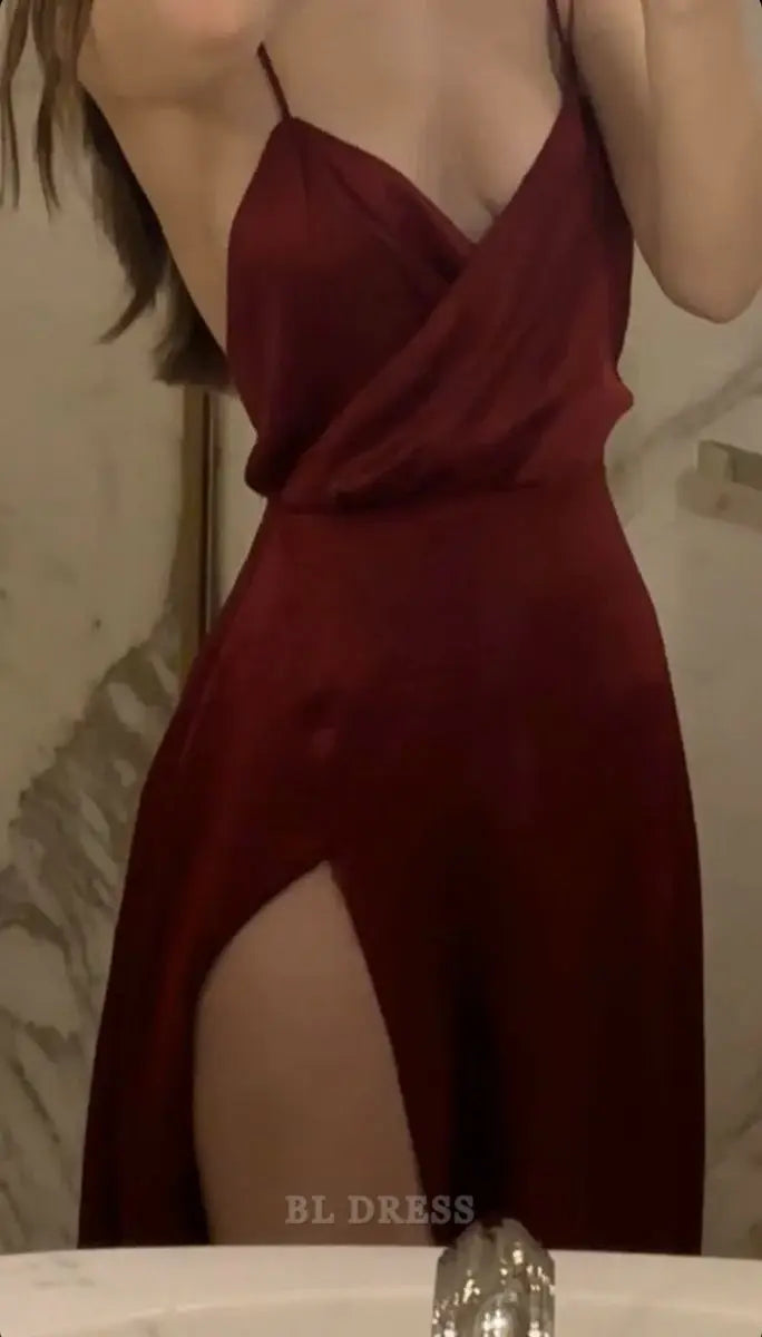 A line Spaghetti Straps Red Satin formal dresses Bridesmaid Dresses evening gown Prom Dress