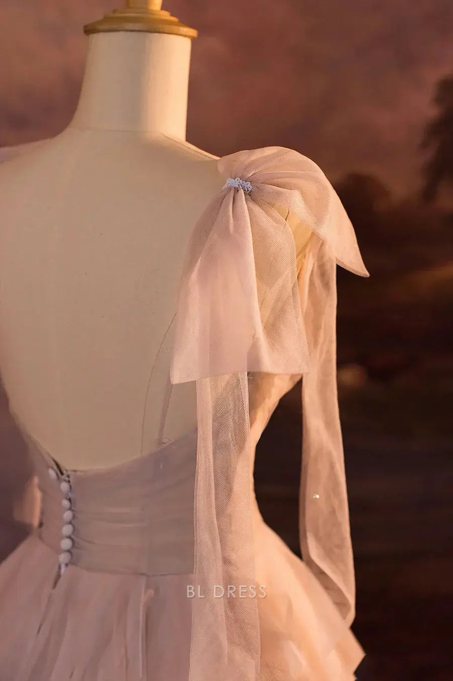 A-line V-Neck Light Pink Tulle Sequins tiered formal dresses Bridesmaid Dresses evening gown Prom Dress