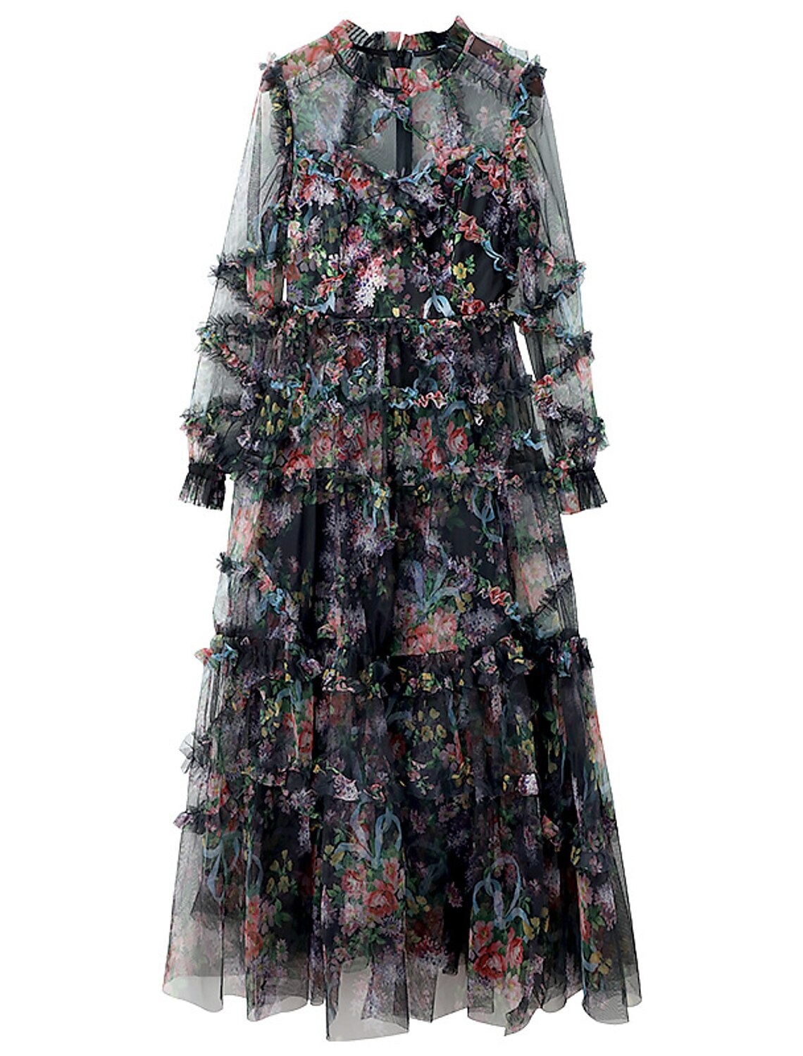 A-Line Prom Dresses Floral Dress Wedding Guest Ankle Length Long Sleeve Jewel Neck Polyester with Ruffles Pattern / Print