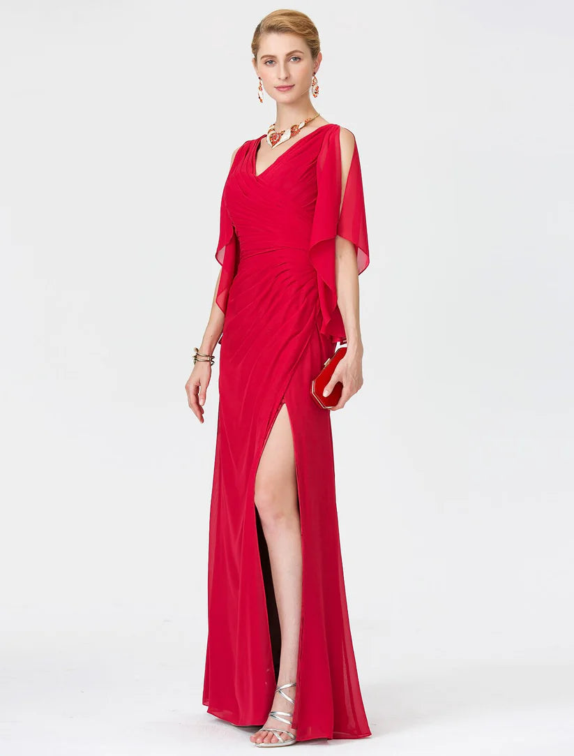Sheath / Column Mother of the Bride Dress Furcal V Neck Floor Length Chiffon Half Sleeve No with Criss Cross Split Front