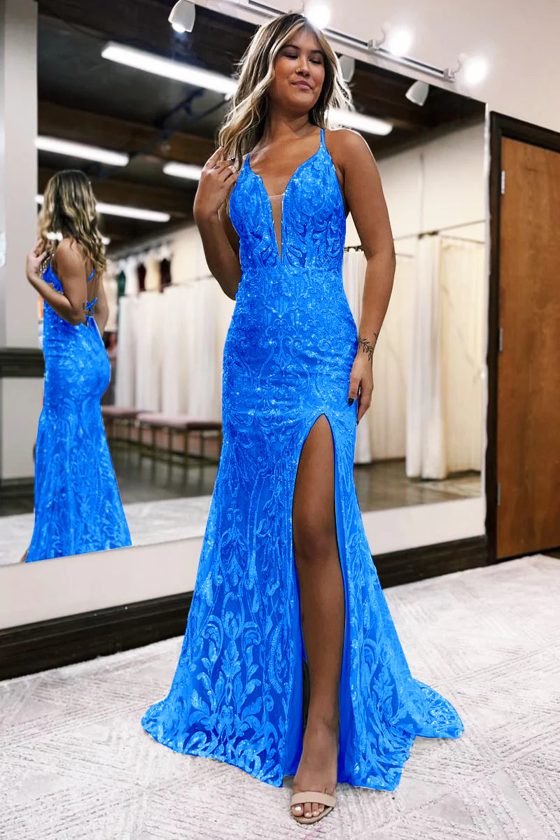 Mermaid Sparkly Deep V Neck Sequins Lace Long Prom Dresses with Slit