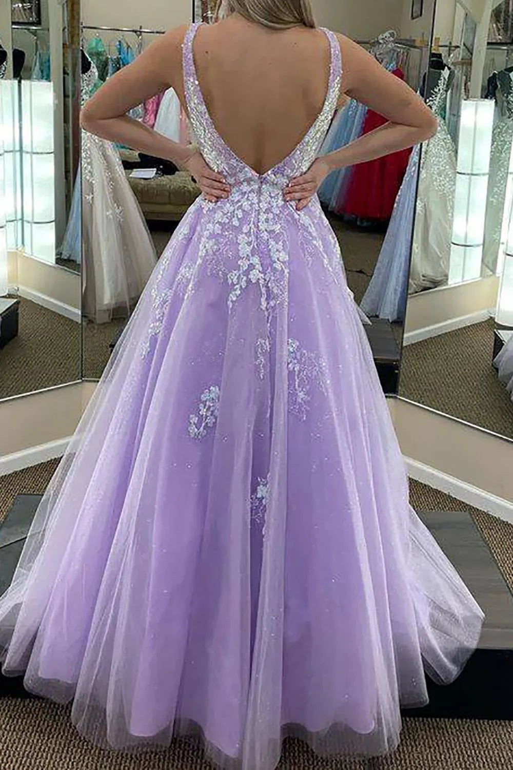 A Line Deep V Neck Long Prom Dress with Appliques