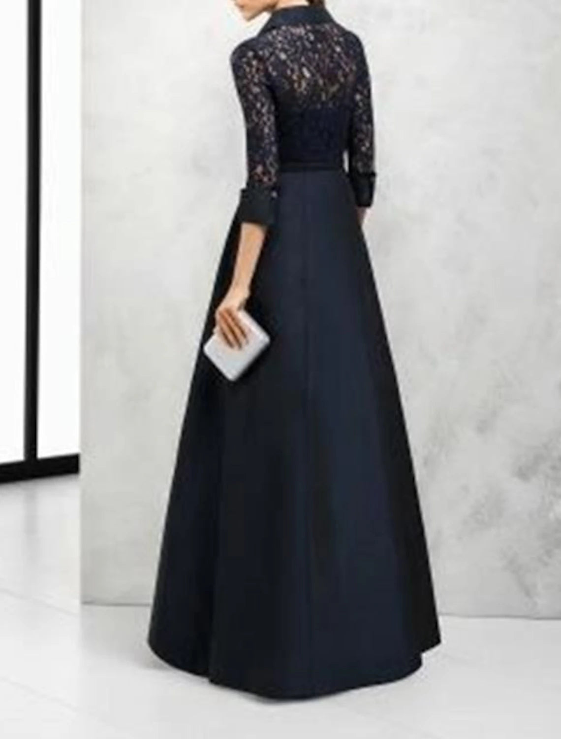 A-Line Mother of the Bride Dress Elegant Vintage Shirt Collar Floor Length Satin Lace 3/4 Length Sleeve with Sash / Ribbon