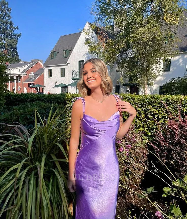 Sheath Spaghetti Straps Light Purple Satin formal dresses Bridesmaid Dresses evening gown Prom Dress