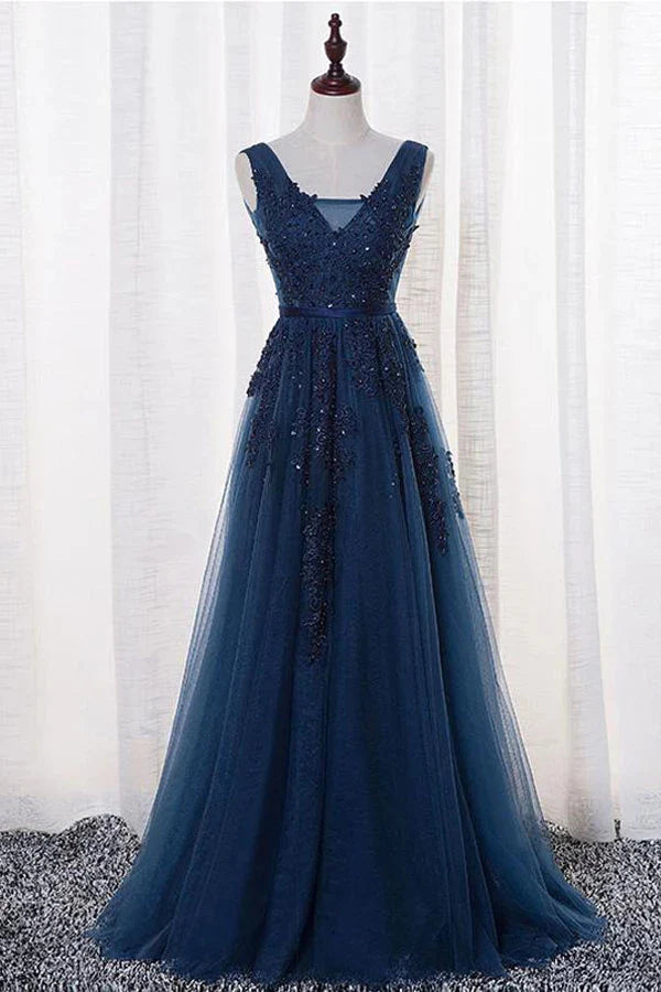 A-line Tulle V-neck Floor-length Prom Evening Dress With Appliques