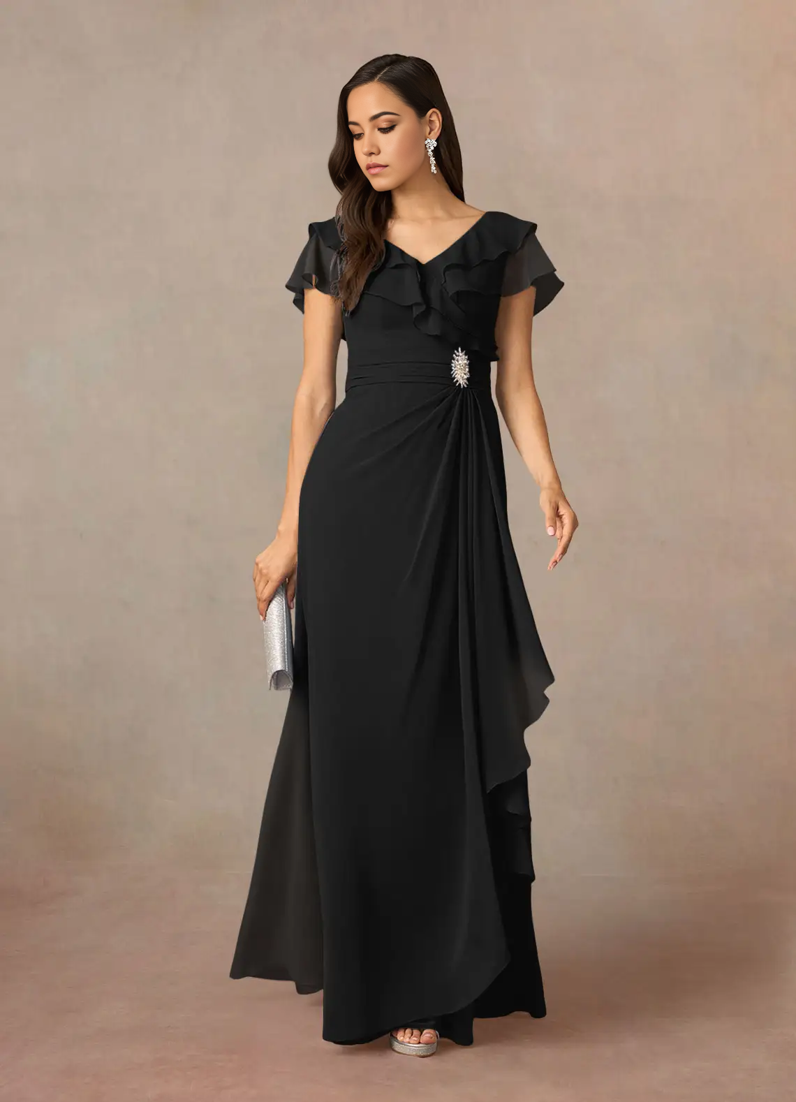 A-Line V-Neck Ruched Chiffon Black Mother of the Bride Dresses
